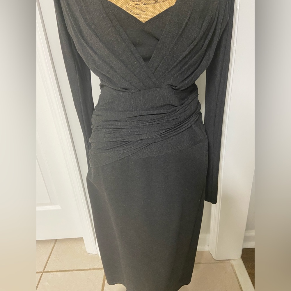 Gorgeous, beautifully draped vintage Donna Karen dress in charcoal gray.